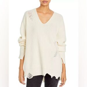 Helmut Lang- Cream Distressed V Neck Sweater- Sz. L